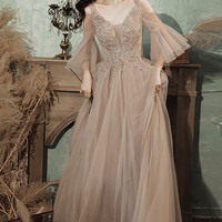 Stylish V-neck tulle lace long prom dress evening dress - Thumbnail 4
