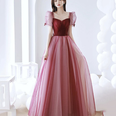 Burgundy tulle long prom dress a-line evening dress - Thumbnail 1