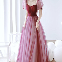 Burgundy Tulle Long Prom Dress A-Line Evening Dress - Thumbnail 1