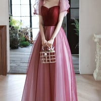 Burgundy Tulle Long Prom Dress A-Line Evening Dress - Thumbnail 2