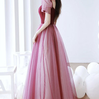Burgundy Tulle Long Prom Dress A-Line Evening Dress - Thumbnail 3