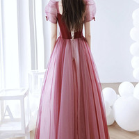 Burgundy Tulle Long Prom Dress A-Line Evening Dress - Thumbnail 4