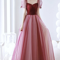 Burgundy Tulle Long Prom Dress A-Line Evening Dress - Thumbnail 5