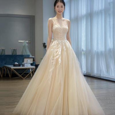 Champagne tulle lace long prom dress evening dress