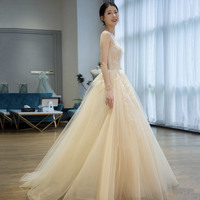 Champagne tulle lace long prom dress evening dress - Thumbnail 1