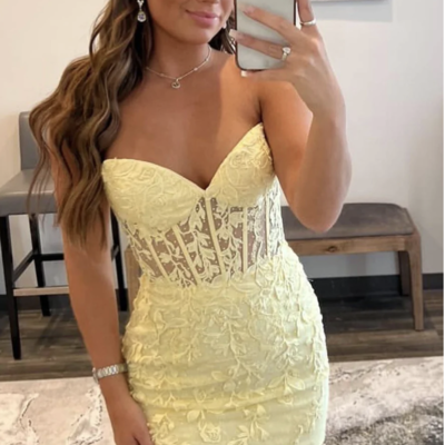 Sheath homecoming dresses with appliques lace yellow - Thumbnail 1