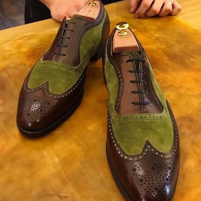 Handmade men's dark brown olive wingtip lace up dressing shoes