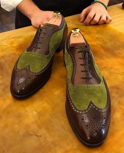 Handmade Men's Dark Brown Olive Wingtip Lace Up Dressing Shoes
