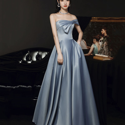 Blue satin long prom dress a-line evening dress - Thumbnail 1