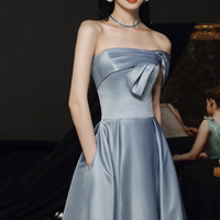 Blue satin long prom dress A-line evening dress - Thumbnail 1