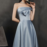 Blue satin long prom dress A-line evening dress - Thumbnail 2
