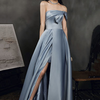 Blue satin long prom dress A-line evening dress - Thumbnail 3