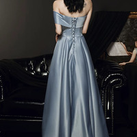Blue satin long prom dress A-line evening dress - Thumbnail 5