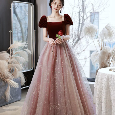 Cute velvet tulle long prom dress a-line evening dress - Thumbnail 1