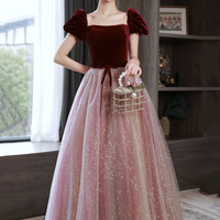 Cute velvet tulle long prom dress A-line evening dress - Thumbnail 1