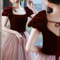 Cute velvet tulle long prom dress A-line evening dress - Thumbnail 2
