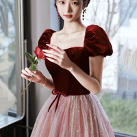 Cute velvet tulle long prom dress A-line evening dress - Thumbnail 3