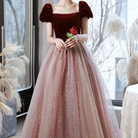 Cute velvet tulle long prom dress A-line evening dress - Thumbnail 5