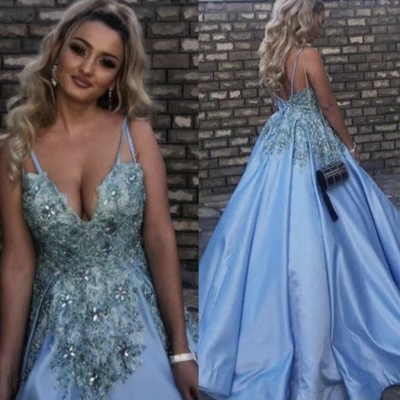 Sky blue prom dresses v neck with beading - Thumbnail 1