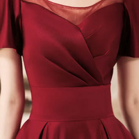 Burgundy satin short prom dress A-line evening dress - Thumbnail 1