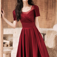 Burgundy satin short prom dress A-line evening dress - Thumbnail 2