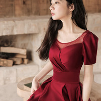 Burgundy satin short prom dress A-line evening dress - Thumbnail 3