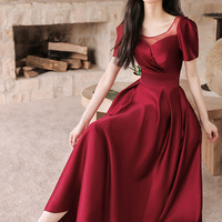 Burgundy satin short prom dress A-line evening dress - Thumbnail 4