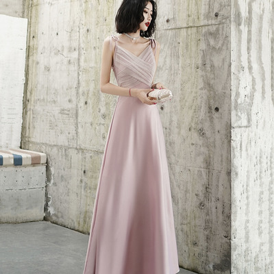 Pink v-neck long prom dress a-line evening dress - Thumbnail 2
