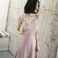 Pink V-neck long prom dress A-line evening dress - Thumbnail 1