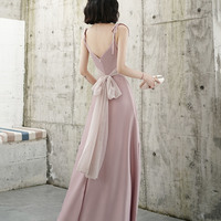 Pink V-neck long prom dress A-line evening dress - Thumbnail 4