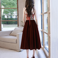 Burgundy velvet short prom dress homecoming dress - Thumbnail 4