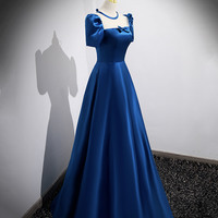 Blue satin long prom dress A-line evening dress - Thumbnail 1