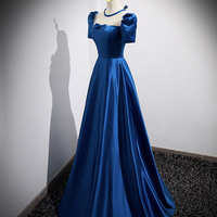 Blue satin long prom dress A-line evening dress - Thumbnail 2