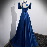 Blue satin long prom dress A-line evening dress - Thumbnail 3