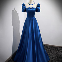 Blue satin long prom dress A-line evening dress - Thumbnail 4