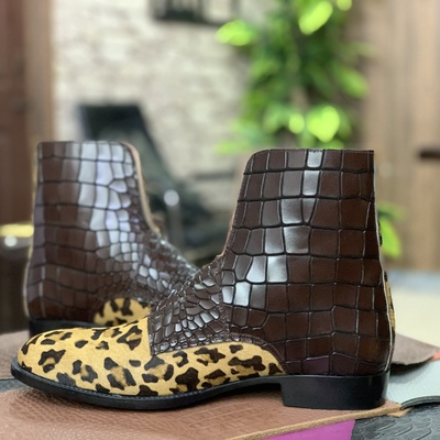 Men's leopard hair skin & alligator print leather boot, handmade double monk leather stylish boot - Thumbnail 1