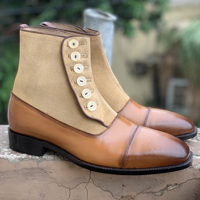 Handmade ankle high leather & suede boot, men's button top cap toe leather boot - Thumbnail 2