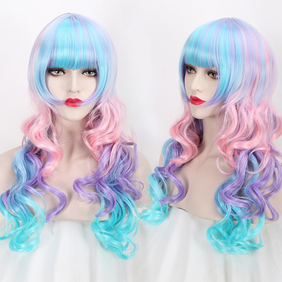 Harajuku COS long curly hair Qi Liu Hai rainbow cosplay wig