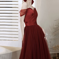 Burgundy tulle long prom dress A-line evening dress - Thumbnail 2