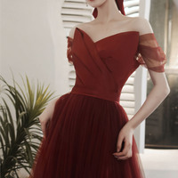Burgundy tulle long prom dress A-line evening dress - Thumbnail 3