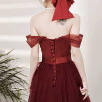 Burgundy tulle long prom dress A-line evening dress - Thumbnail 5