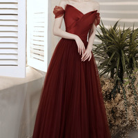 Burgundy tulle long prom dress A-line evening dress - Thumbnail 6