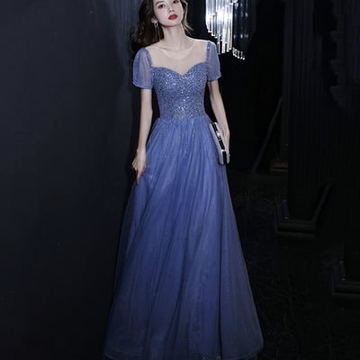 Cute tulle beaded long prom dress a-line evening dress - Thumbnail 1