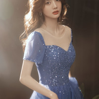 Cute tulle beaded long prom dress A-line evening dress - Thumbnail 3