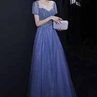 Cute tulle beaded long prom dress A-line evening dress - Thumbnail 4