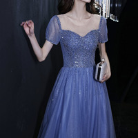 Cute tulle beaded long prom dress A-line evening dress - Thumbnail 5