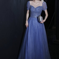 Cute tulle beaded long prom dress A-line evening dress - Thumbnail 6