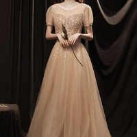 Cute tulle beaded long prom dress A-line evening dress - Thumbnail 7