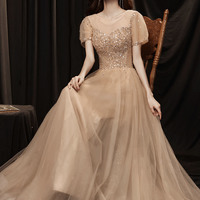 Cute tulle beaded long prom dress A-line evening dress - Thumbnail 8