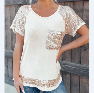 Elegant Sequins Splicing Short Sleeve T-Shirt